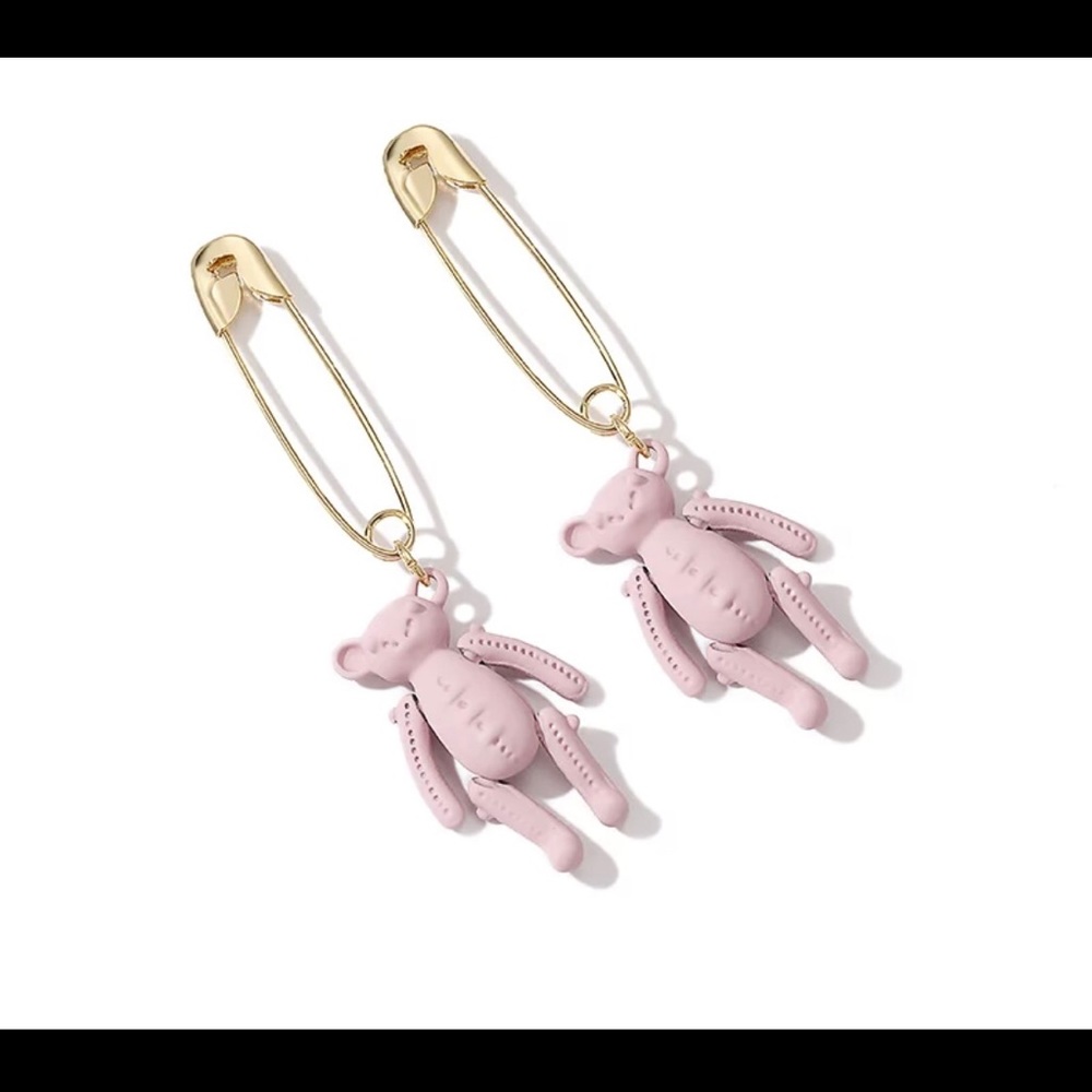 Teddy bear safety pin drop earring